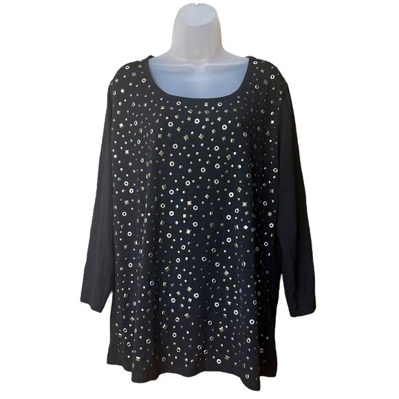 DG by Diane Gilman Black Studded Scoop Neck Top Sz 1X Long Sleeves Mixed Metals - Picture 5 of 10